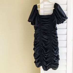Black Ruched Puff-Sleeve Mini Dress
